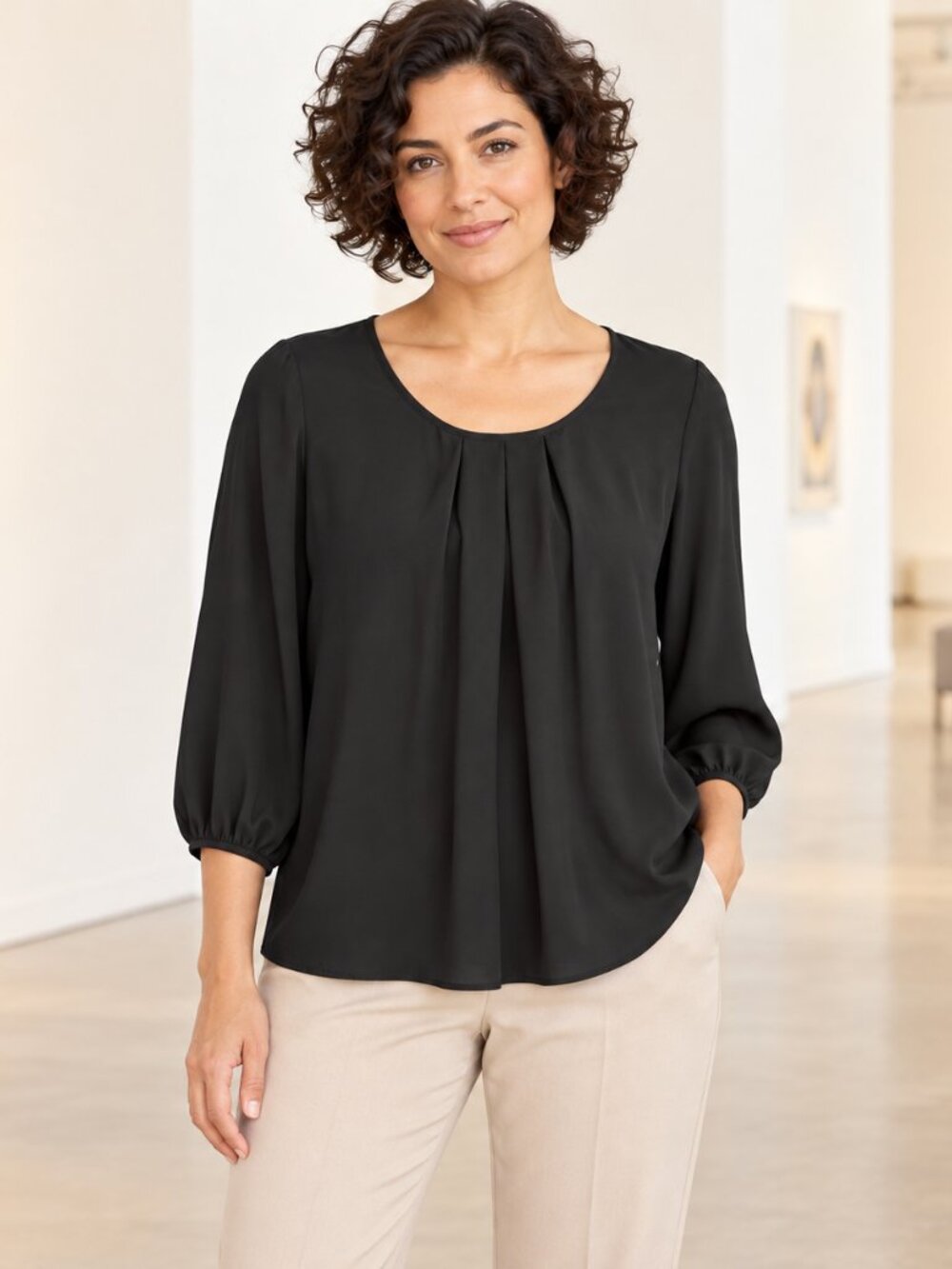 NWT Pleione Black Pleated Scoop Neck Keyhole Back Blouse  M